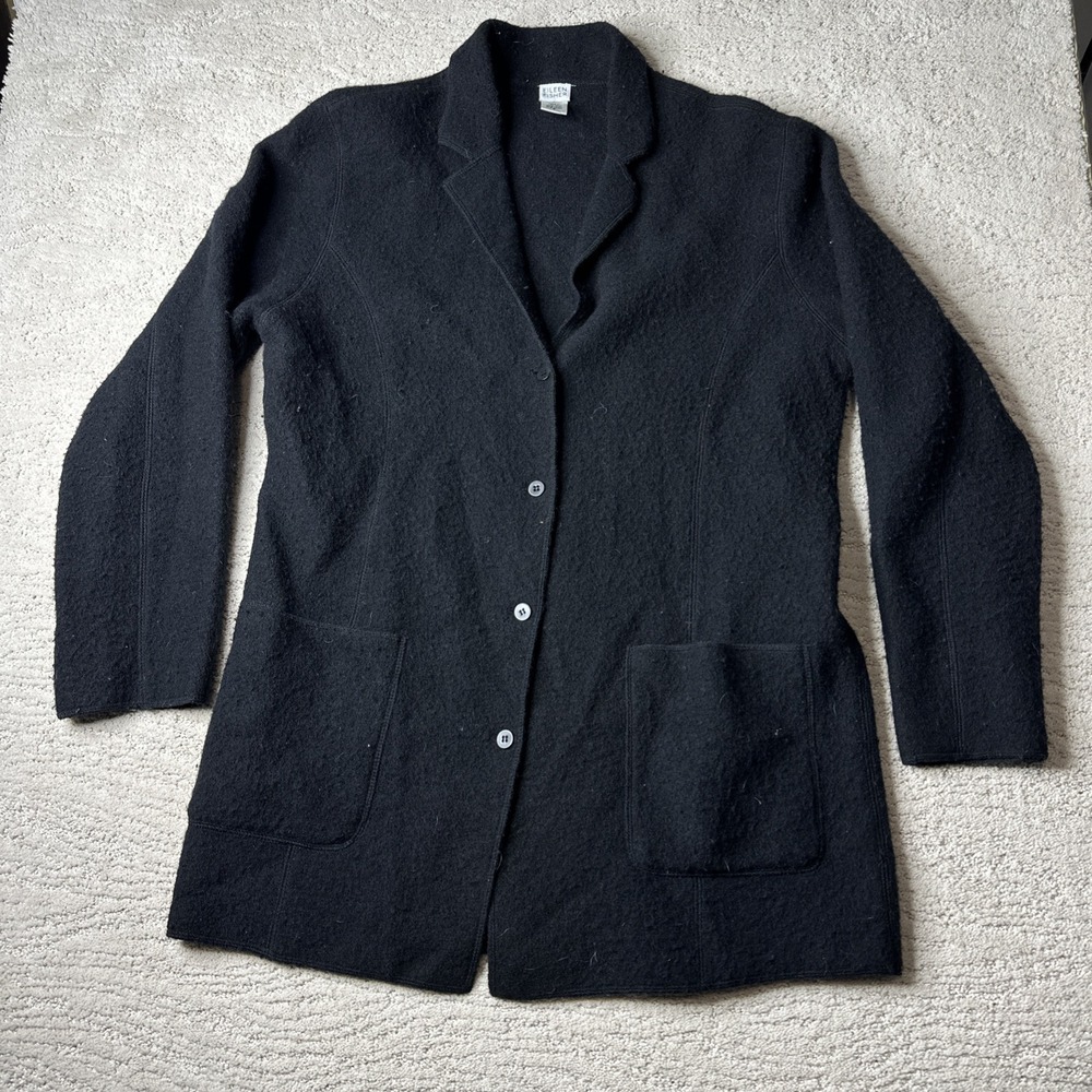 Women's Eileen Fisher Small Black Long 100% Wool Button Cardigan Jacket Pockets